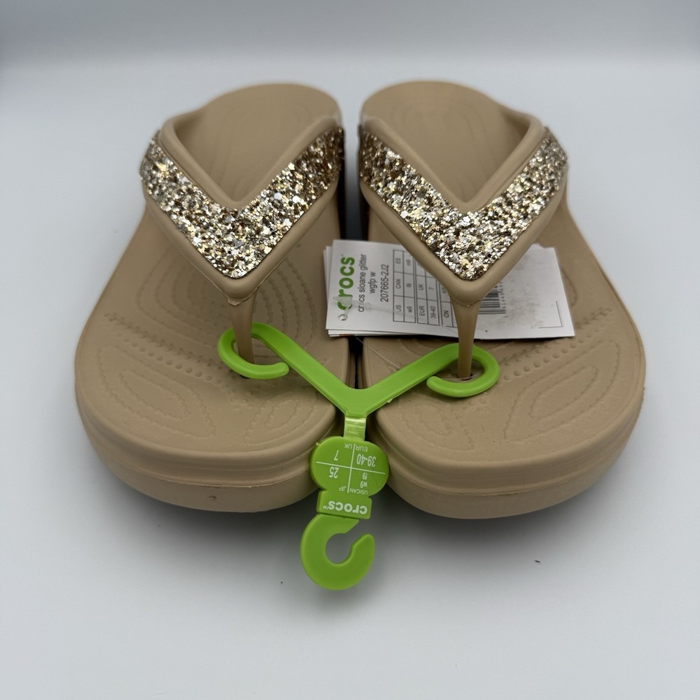 CROCS Sloane Glitter Womens‎ Wedge Platform Flip Flops Gold Tan Sandals Size 9